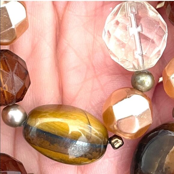 Brown beaded gold tone double strand statement necklace - Picture 7 of 11